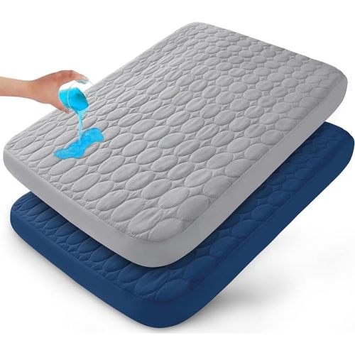 Pack and Play Sheets Fitted Quilted Waterproof Protector, 2 Pack Playard Mattress Pad Compatible with Graco Pack n Play, Mattress Cover fits for Baby Playpen Mattress, Mini Crib, Gray & Navy Blue