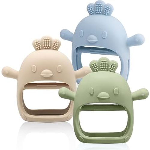 3 Pack Baby Teething Toy Silicone Teething Mitten for Babies Over 3 Months Anti Dropping Wrist Hand Teethers Baby Chew Toys for Sucking Needs, BPA Free (Olive, Caramel & Blue)