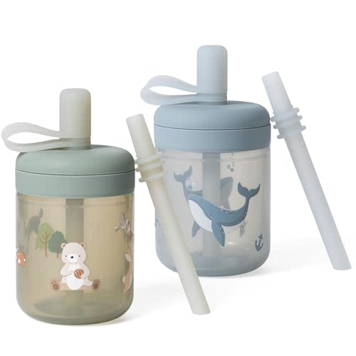 Moonkie Silicone Baby Straw Cup with Lid - Toddler Sippy Cup with Straw & Spill-Resistant Water Cup for Baby-Led Weaning - BPA-Free Dishwasher Safe Training Cup - 6 Months+, 5 oz, 2-Pack