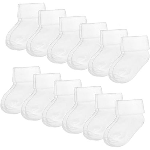 Falari Baby Boys and Girls Cotton Socks with Fold-Over Cuff, 12-Pack, White, 3-9 Months