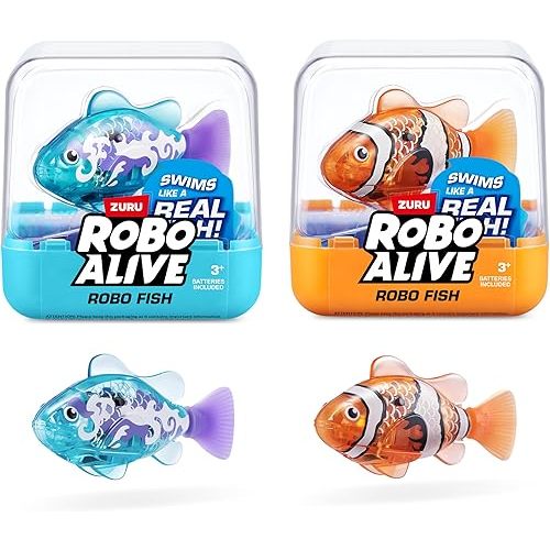 Robo Alive Robo Fish Robotic Swimming Fish (Teal + Orange) by ZURU Water Activated, Changes Color, Comes with Batteries, Amazon Exclusive (2 Pack) Series 3