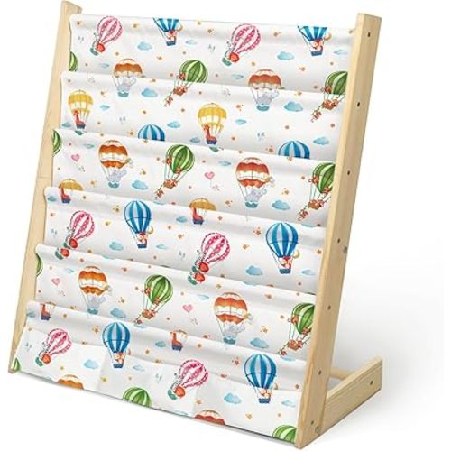 Kids Bookshelf 5 Tier Wooden Toy and Book Storage Organizer 3 Pockets Toddler Sling Book Rack with Deep Sleeves for Girls Playroom Nursery Bedroom (Hot Air Balloons)