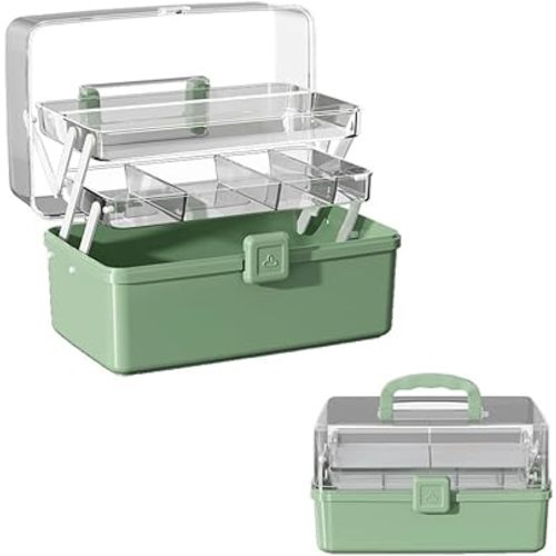 Large 3-Layer Craft Storage Box with Handle, Green
