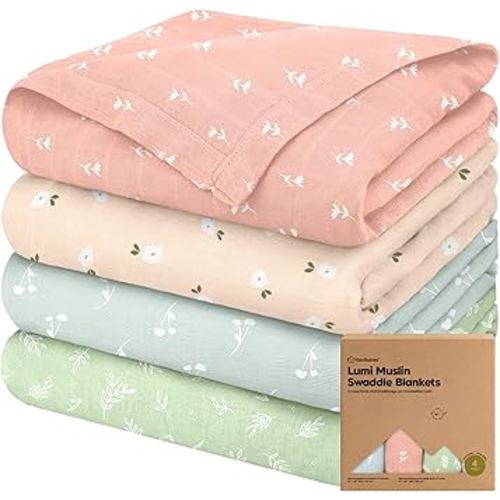 4-Pack Muslin Swaddle Blankets for Boys, Girls - Organic Baby Swaddles for Newborns, Soft & Breathable Receiving Baby Blankets for Girl, Boy, Neutral, Newborn Essentials Gift (Bloom)