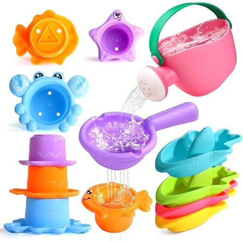 Fajiabao Toddler Bath Toys for Kids Ages 1-3 Multi-Play in Tub Water Pool | Learning Mold Free Bath Toys with Color Stacking Cups & Watering Can Interactive Shower Toys for 1 2 3 4 5 6 Birthday Gifts