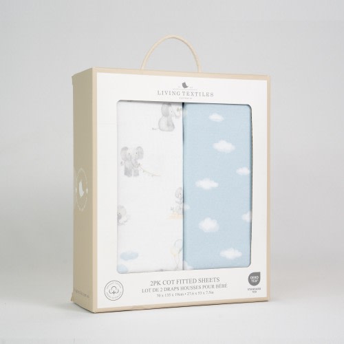 Living Textiles Cot Fitted Sheet 2 Pack Elephant Playtime