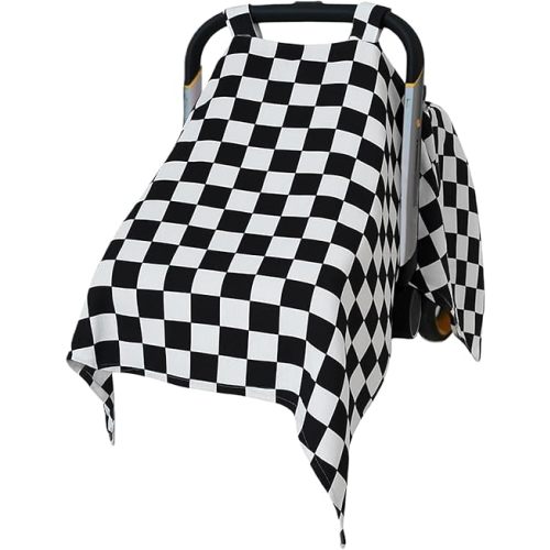 Muslin Car Seat Cover for Babies - Black & White Plaid Infant Carrier Canopy, Soft & Breathable Baby Carseat Cover, Lightweight Sunshade for Summer, Universal Fit for Boys & Girls