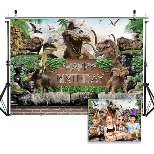 Toile de fond sur le thème des dinosaures de 2,4 x 1,8 m, pour fête d'anniversaire, pour photographie, décoration de gâteau de fête prénatale, décoration de table, bannières DH-202