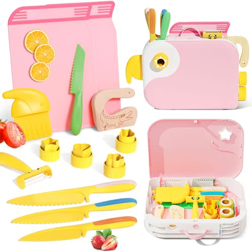 Lullulii Montessori Kitchen Tools for Toddlers,Kids Knife for Real Cooking,Toddlers Knife Set with Storage Box Kids Safe Knives Children Cutting Set and Peeler,Montessori Toys for Kitchen Set -Pink