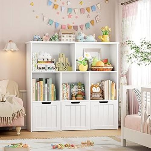 FOTOSOK Toy Storage Organizer with 3 Movable Drawers, Toy Organizer with Hidden Wheels and 5 Open Cubbies, Multifunctional Floor Storage Chest for Playroom, White