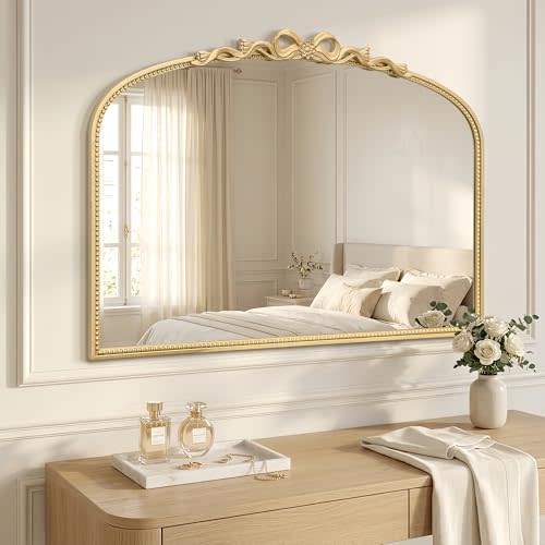 Besdomus Gold Arched Bow Mirror: 40"x29" Baroque Vintage Wall Mirror | Traditional French Antique Bow and Floral Carving for Vanity/Bedroom/Bathroom/Fireplace/Entryway/Living Room/Over Sink