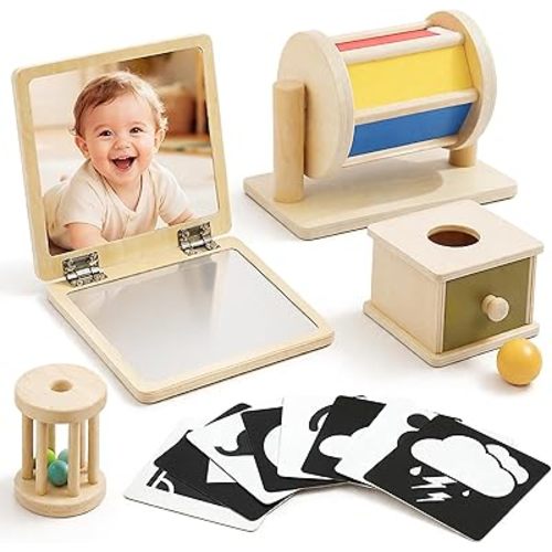 Montessori Toys for Babies 0-6 6-12 Months, Sensory Developmental Baby Toys, Tummy Time Toy - 5 in 1 Wooden Learning Toy Set, High Contrast Cards, Mirror & Spinning Drum for Newborn Infant Gift