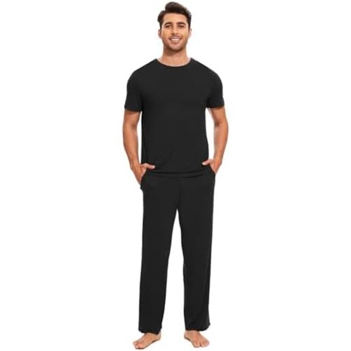 GYS Bamboo Viscose Men's Pajama Sets Short Sleeve Crew Neck Lounge Sets with Pockets