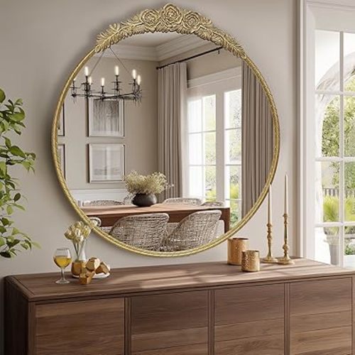 Growsun Round Wall Mirror with Vintage Gold Floral Frame – 24 Inch Decorative Wall Mirror for Living Room, Bedroom, Entryway, Bathroom Vanity – Elegant Antique Accent Home Décor