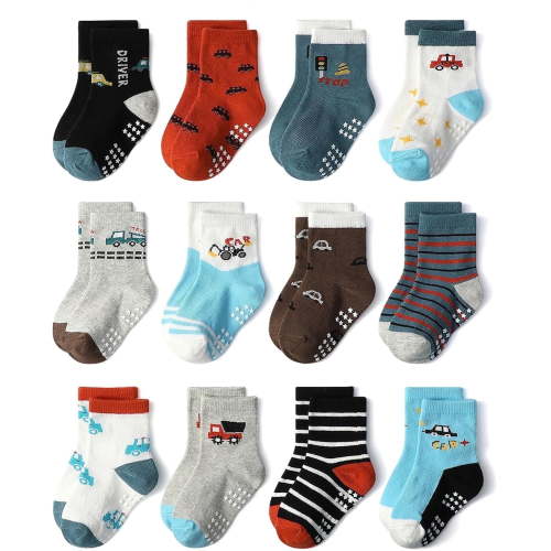 Baby Non Slip Grip Crew Socks 12 Pairs with Non Skid Soles for Infants Toddlers Kids Boys Girls