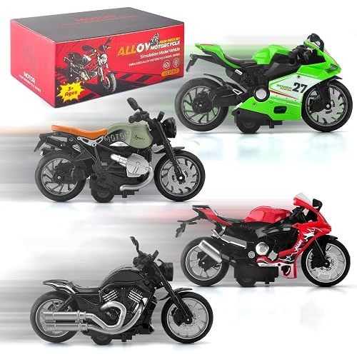 4-Pack Pull Back Motorcycle Toys for Kids with Sounds & Lights, 1:12 Scale Die Cast Friction Powered Motorcycles, Birthday Gifts for Kids Ages 3-8 Years Old