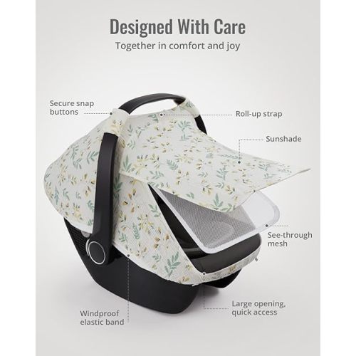 Blissful Diary Baby Car Seat Cover, Extra Large Mesh Window, Breathable Muslin Cotton, Infant Windproof Canopy, Must-Have Baby Gift - Botanical Leaf