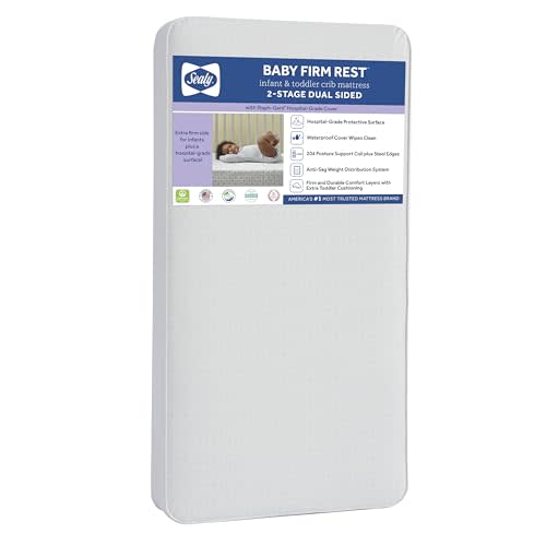 Sealy Baby Firm Rest Antibacterial 2 Stage Waterproof Crib Mattress plus Toddler Bed Fit, 204 Steel Coils, Non Toxic, GREENGUARD Gold Certified, Safety & Quality Tested, Made in USA, 52"X28"