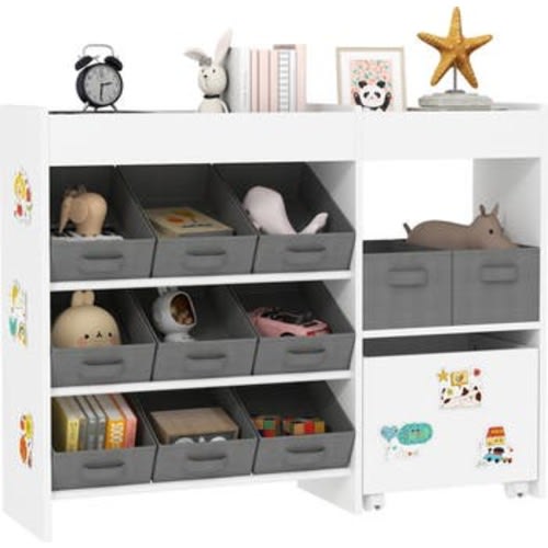 Toy Storage Organizer with Shelves and Fabric Bins Moveable Cabinet and Stickers Toy Organizer for Nursery Playroom Bedroom