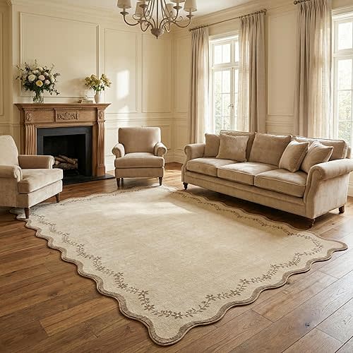 GarveeHome 5x7 Scalloped Area Rug Tan Jute Washable Rugs for Living Room Bedroom, Soft Low Pile Non Slip Accent Floor Mat Solid Floral Print Throw Rug Farmhouse Indoor Carpet for Dorm Playroom
