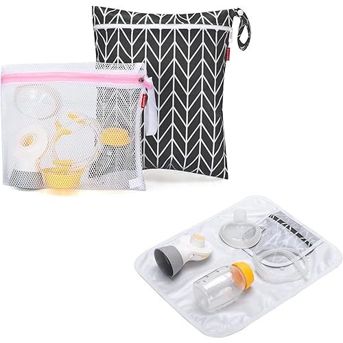 Damero Breast Pump Parts Bag, Wet Dry Breast Pump Parts Bag, Pumping Bag with Waterproof Mat and Mesh Bag, Black Arrow