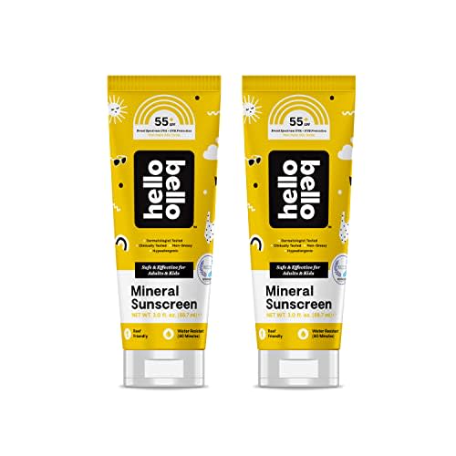 Hello Bello Mineral SPF 55 Sunscreen Lotion I Broad Spectrum UVA/UVB Protection, Water Resistant and Reef Friendly Sun Protection for Babies and Kids I 6 Fl Oz (2 Packs of 3oz)