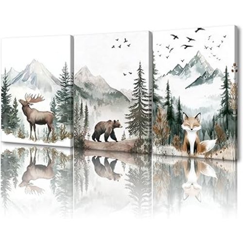 SANGGUOBIN Woodland Animal Wall Art Set of 3 Deer Bear Fox Watercolor Prints Wildlife Forest Canvas Vintage Natural Adventure Landscape Poster for Nursery Bedroom Decor(Green-1,11x14inchx3)