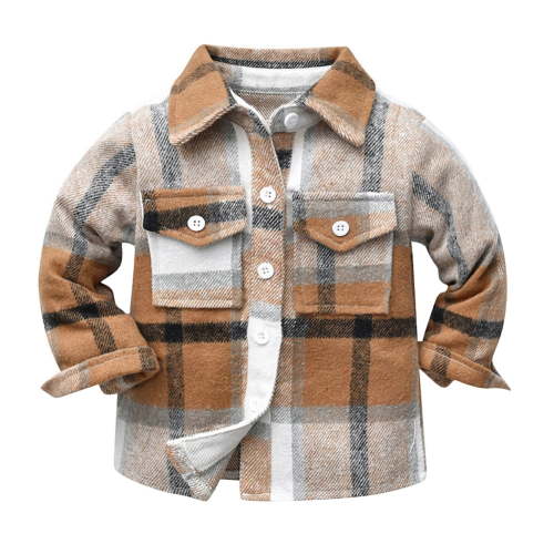IBTOM CASTLE Toddler Kids Boys Girls Flannel Plaid Shirt Jacket Long Sleeve Lapel Button Down Pocketed Shirts Regular Fit Casual Fall Winter Coat 10-11 Years Coffee
