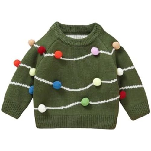12-18mth Baby Boy Girl Christmas Sweater Green Knit Pullover Jumper with Colorful Pom Pom Balls Infant Winter Holiday Outfit