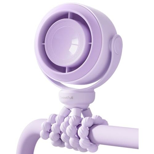 SWEETFULL Portable Stroller Fan, Pinch-Proof Baby Fan - Purple | Wide Turbine Airflow; Safe Design; LED Display; 5-Speed; 30dB Quiet; USB-C Rechargeable; Mini Clip On Fan for Car Seat & Bed