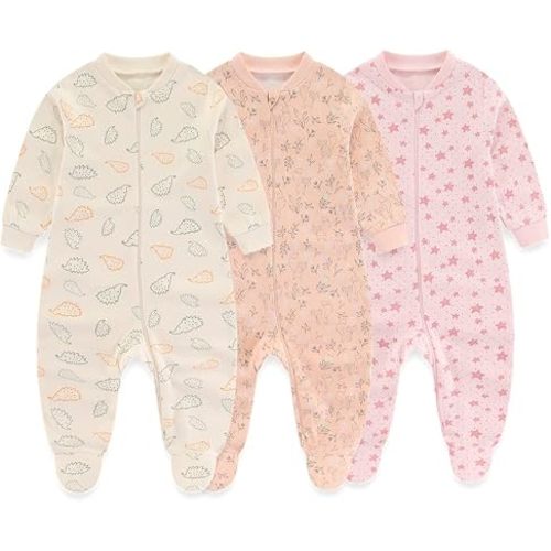 MAMIMAKA Newborn Baby 2-way Zipper Romper Cotton One-piece Jumsuit 3-pack, 0-24 Months