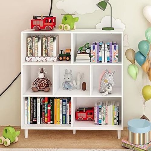 7 Cube Storage Organizer | Bookshelf with Legs|Wall Bookshelf| 3 Shelf Bookcase | -Cubic Storage Cabinet（Storing Books,Toys & More Easy to Install）