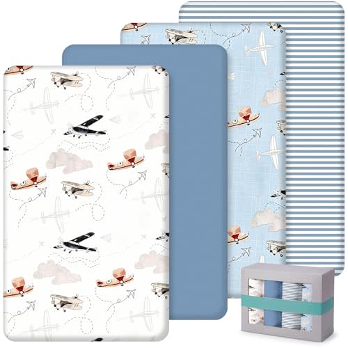 SmoothNovelty 4 Pack Airplanes Crib Fitted Sheet for Boys Girls, Blue | 52" x 28", Neutral Baby Sheet with Stripe Style, Nursery Decor for Standard Mattress, Microfiber Soft Breathable