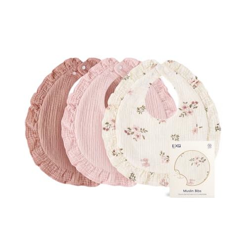EXO Home Muslin Baby Bibs 3-Pack, 100% Cotton Drool Bibs | Breathable & absorbent teething bibs for newborns & toddlers 0-36 months, Dual-button adjustment for perfect fit