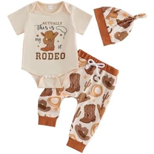 Western Baby Boy Clothes Summer My First Rodeo Outfit Short Sleeve Romper Pants Set Hat 3Pcs Newborn Cowboy Outfits