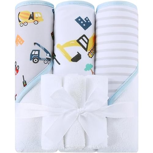 Viviland 6 Pcs Hooded Baby Towels and Washcloths Set, Super Gentle Bath Towels for Newborn Face & Body, Absorbent Wash Cloth for Infants Boys, Grey-Excavator Pattern, 28 x 28 inch