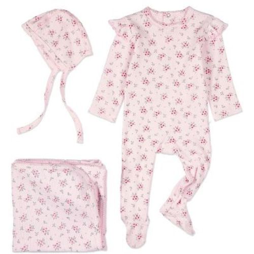 MiniMoi 3 Piece Baby Girls Mini-Ribbed Cotton Rich Ruffled-Sleeve Floral Footie Set Pink 3 Months
