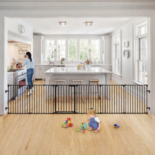 GOTGELIF Baby Safety Gate 150" Extra Wide Playard 6 Panels Hardware Mount Auto Close Black