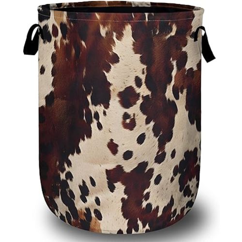 Brown Cow Skin Print Laundry Basket with Sturdy Handles, Nature Cowhide Collapsible Oxford Cloth Laundry Hamper Organizer Basket for Bathroom Bedroom 15.7x20 Inch