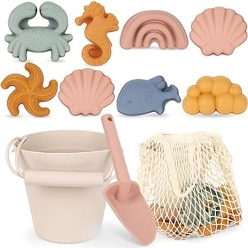 AMOR PRESENT 11PCS Silicone Beach Toy Set, Travel Friendly Silicone Sand Bucket Molds Shovel Bag Modern Beach Toys for Toddlers Kids