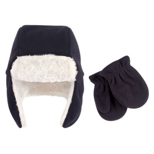 Hudson Baby Infant Boy Fleece Trapper Hat and Mitten 2pc Set, Navy, 6-12 Months