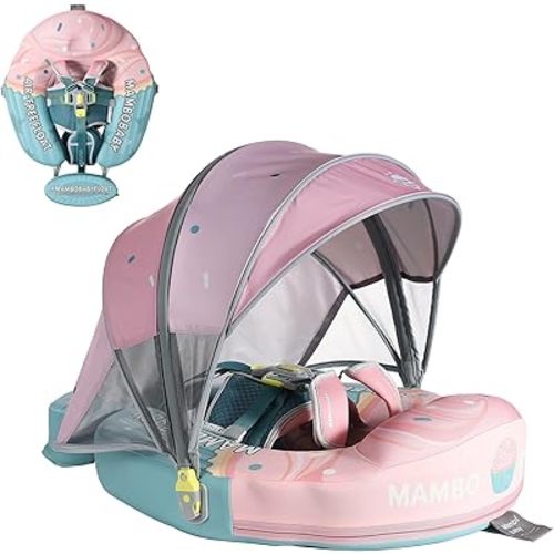 Mambobaby No-Flip Baby Pool Float with Canopy & Tail Non-Inflatable Swim Float for Infants, Pearl-Foam, UPF 50+ & Adjustable Safety Five-Way Harness, Skin-Friendly for Boys Girls 3-24 Months