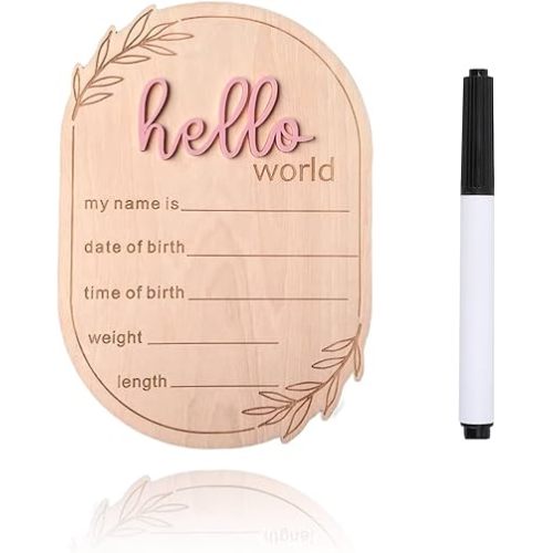Baby Announcement Sign for Hospital - 5.91"x4.13" Wooden Hello World Newborn Sign with Ear of Wheat Decor, Baby Name Sign for Nursery, Birth Announcement Plaque with Pen, Newborn Photo Prop (Pink)