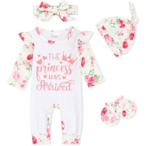 GRNSHTS Newborn Baby Girl Romper Infant Letter Print Jumpsuit Floral Bodysuit+Hat+Headband+Gloves Coming Home Clothes Outfits