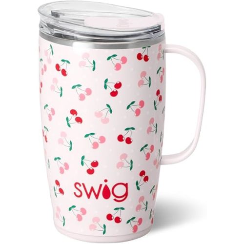 Swig Life 18oz Travel Mug, Insulated Tumbler with Handle and Lid, Cup Holder Friendly, Dishwasher Safe, Stainless Steel, Travel Coffee Cup (Cherry Pie)