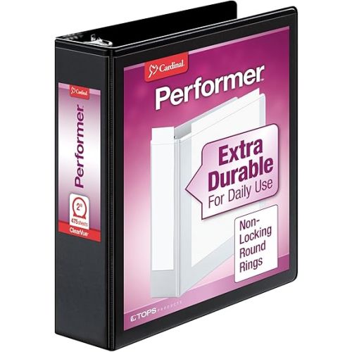 Cardinal Binder, Performer ClearVue, 2 Inch Round Ring, 475-Sheet Capacity, Letter Size 8.5 x 11, Non-Stick PVC-Free, Customizable Covers, Black, Eco-Friendly for Office & School Use