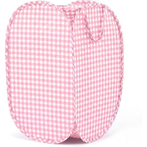 Pop up Laundry Hamper Pink Gingham Waterproof Collapsible