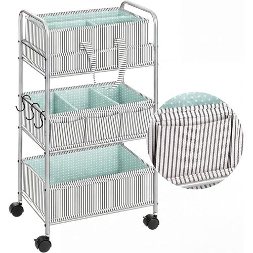 WILLBOND 2 in 1 Baby Diaper Caddy Organizer Cart, 3 Tier Large Stripe Bedside Rolling Cart Metal for Baby Essential with Divider for Newborn Registry Must Have Nursery Bedroom Mother Gift(Green)