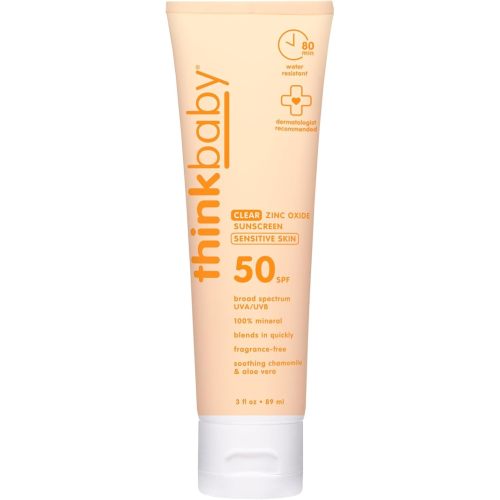 Thinkbaby Baby Sunscreen for Sensitive Skin, 3 Fl Oz, SPF 50 Clear Zinc Oxide Baby Mineral Sunscreen, Broad Spectrum UVA/UVB Protection, Natural, Water Resistant, Reef Safe, Vegan