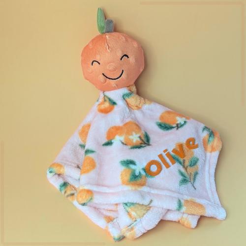 orange baby girl gift citrus fruit themed baby blanket personalized lovey soft plush cuddle toy summer baby shower gift florida nursery deco